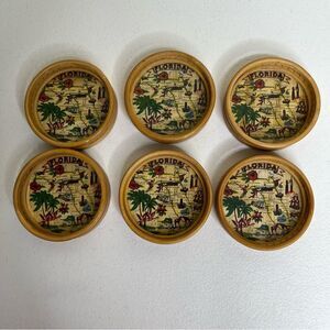 Vintage Florida Tourist Rattan Wicker Bamboo Coasters Set of 6 MCM Mid Century